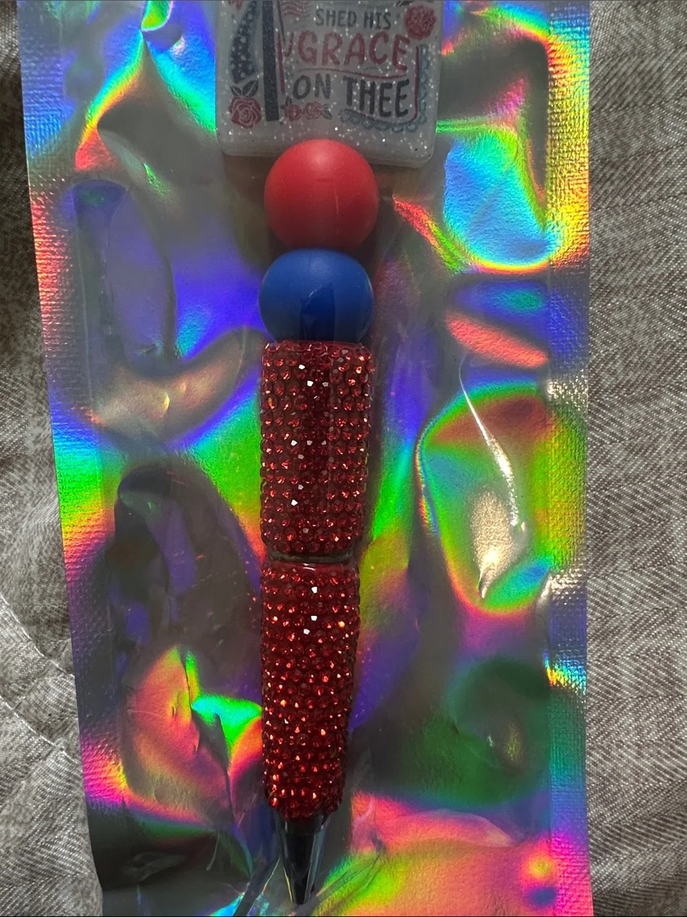 Decorative Pen with Red and Blue Beads - Inspirational Tag